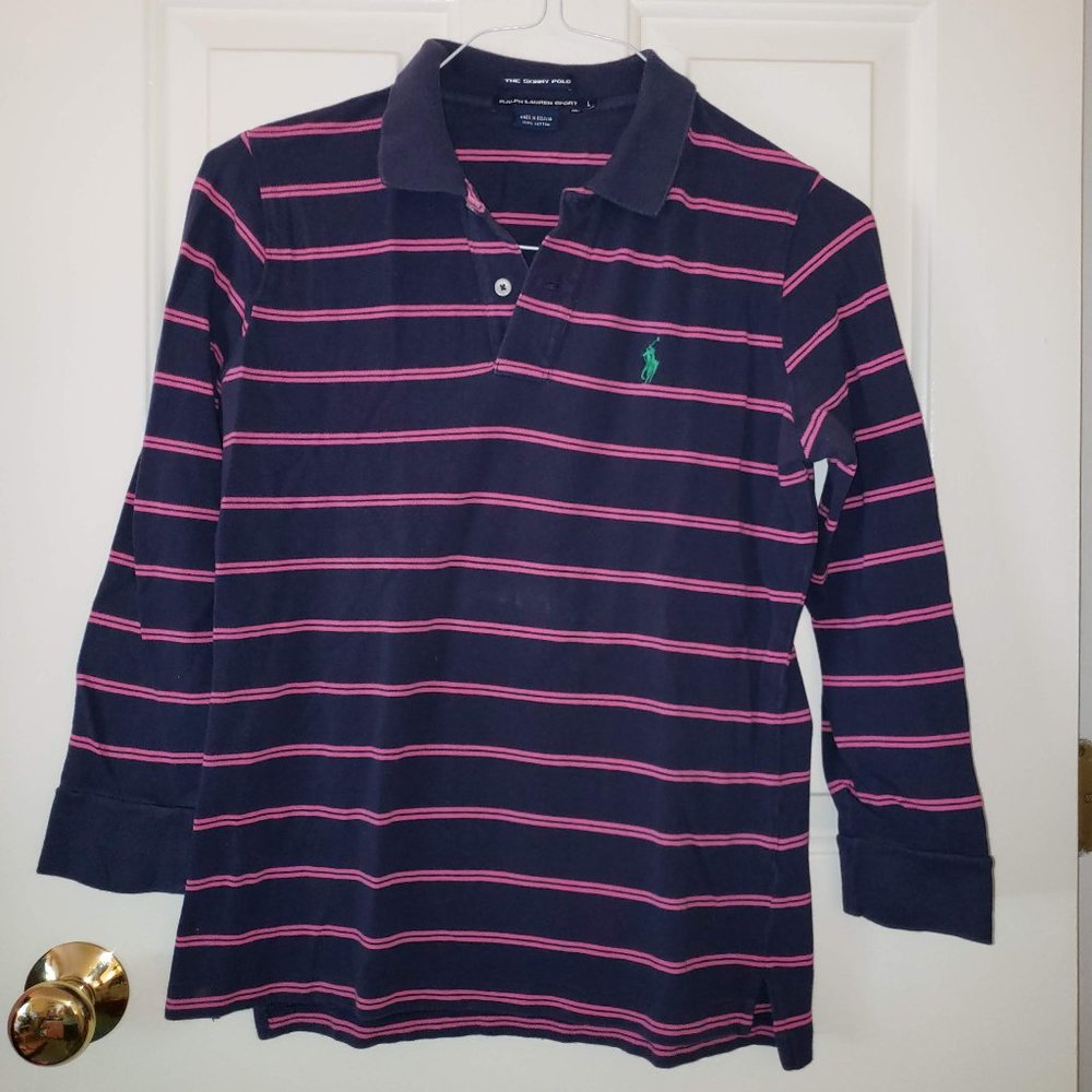 Polo Ralph Lauren navy/pink striped polo - Size L